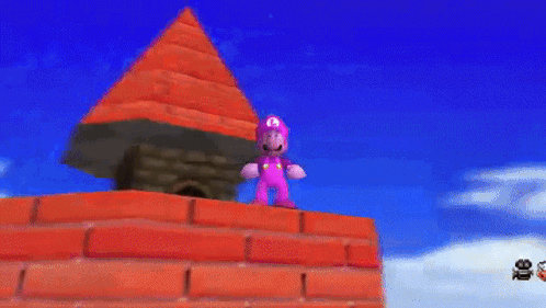 A GIF of Kindness Luigi, a pink recolor of Luigi, in Whomp's Fortress and Hazy Maze Cave from Super Mario 64.