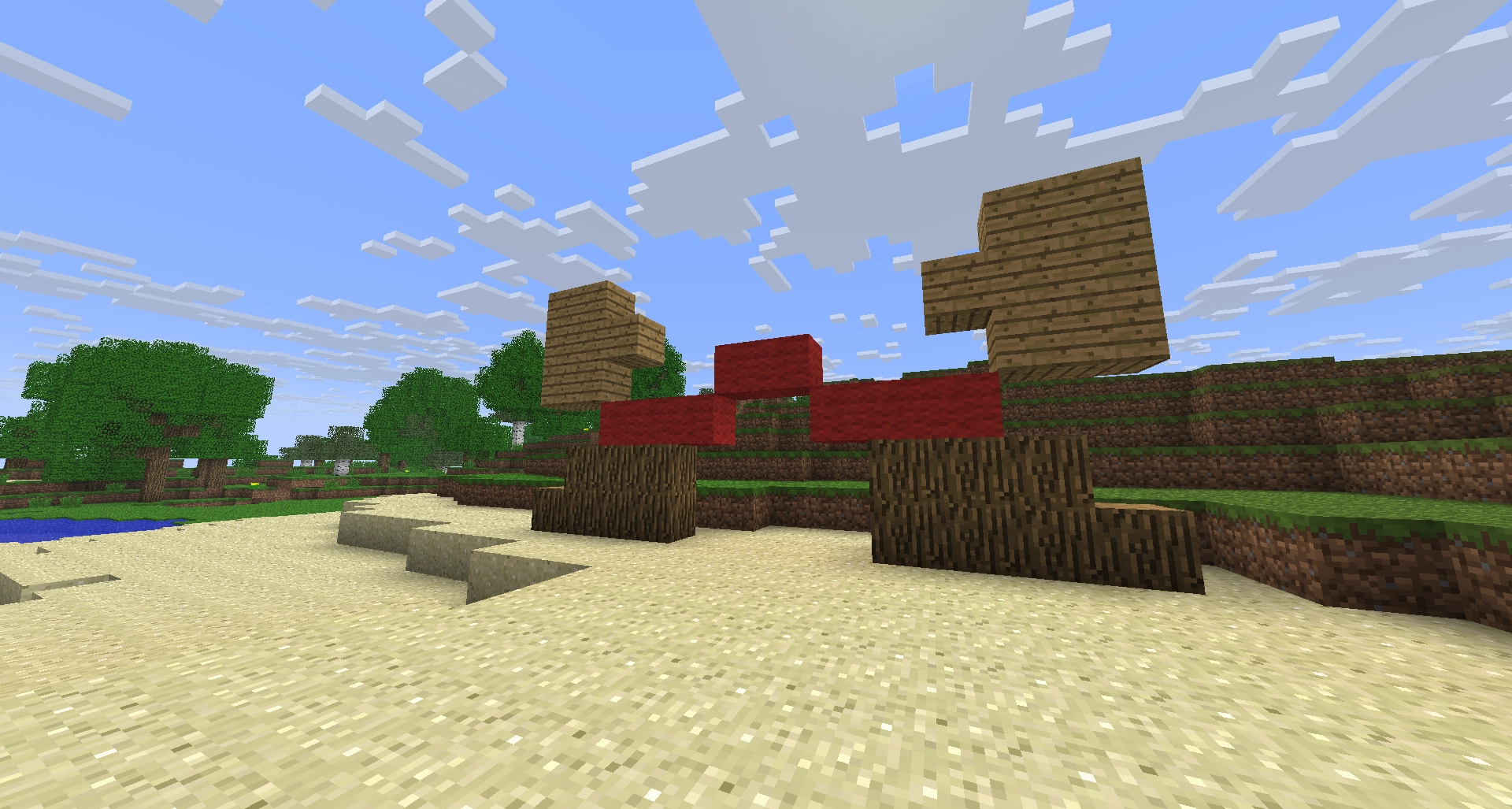 Minecraft Beta screenshot. The hands, legs, and feet of a Mario sprite are visible, but the rest of him has yet to be constructed