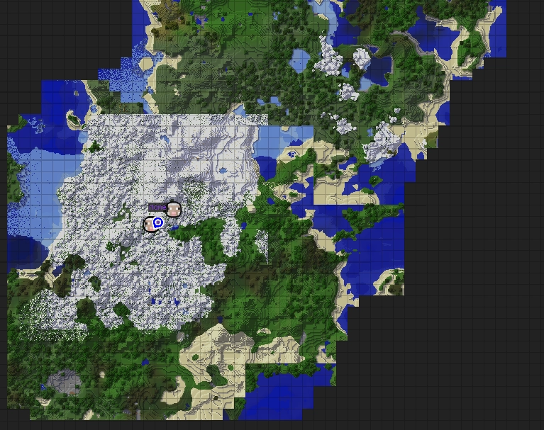 Screenshot of a Minecraft map from the JourneyMap mod. I am in a snowy taiga biome that uniquely seems to be completely cut off at the north end, instead of smoothly transitioning between biomes like at the other edges of the biome. To the east of the taiga biome, there is a beach that also seems to be cut off at its southern and western edges.
