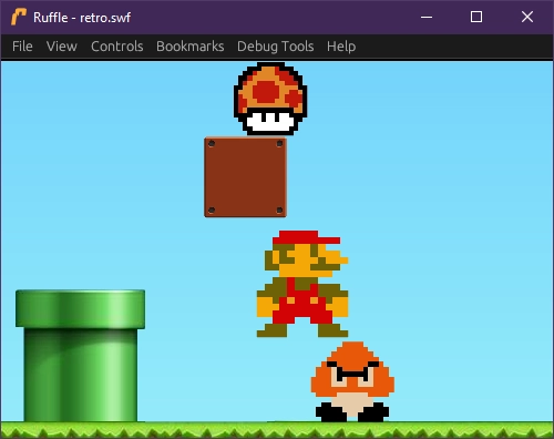 Screenshot of Ruffle running "retro.swf". Mario is at the apex of a jump, about to hit a Goomba, and a Super Mushroom has come out of a question mark block.