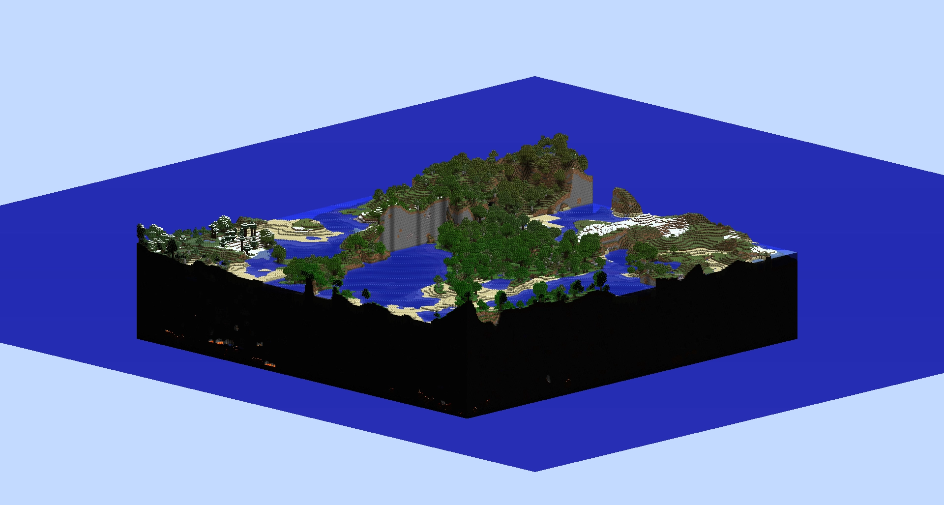 Isometric screenshot of some of the world. Some land from the taiga biome (snowless, for some reason?) seems to arbitrarily cut off.