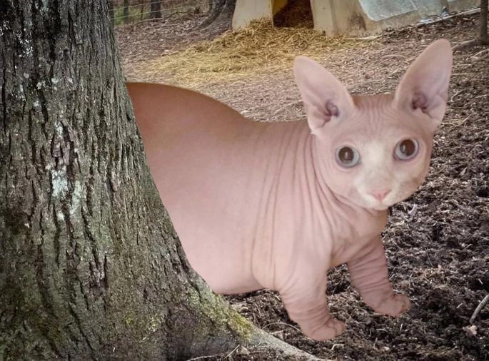 sphinx cat looking out from behind big pig tree