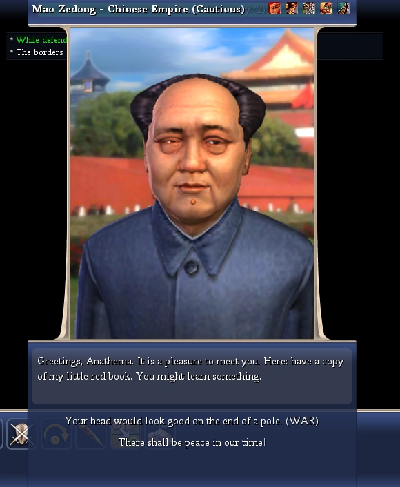 Mao Zedong: greetings anathema. it is a pleasure to meet you. here, have a copy of my little red book. you might learn something.