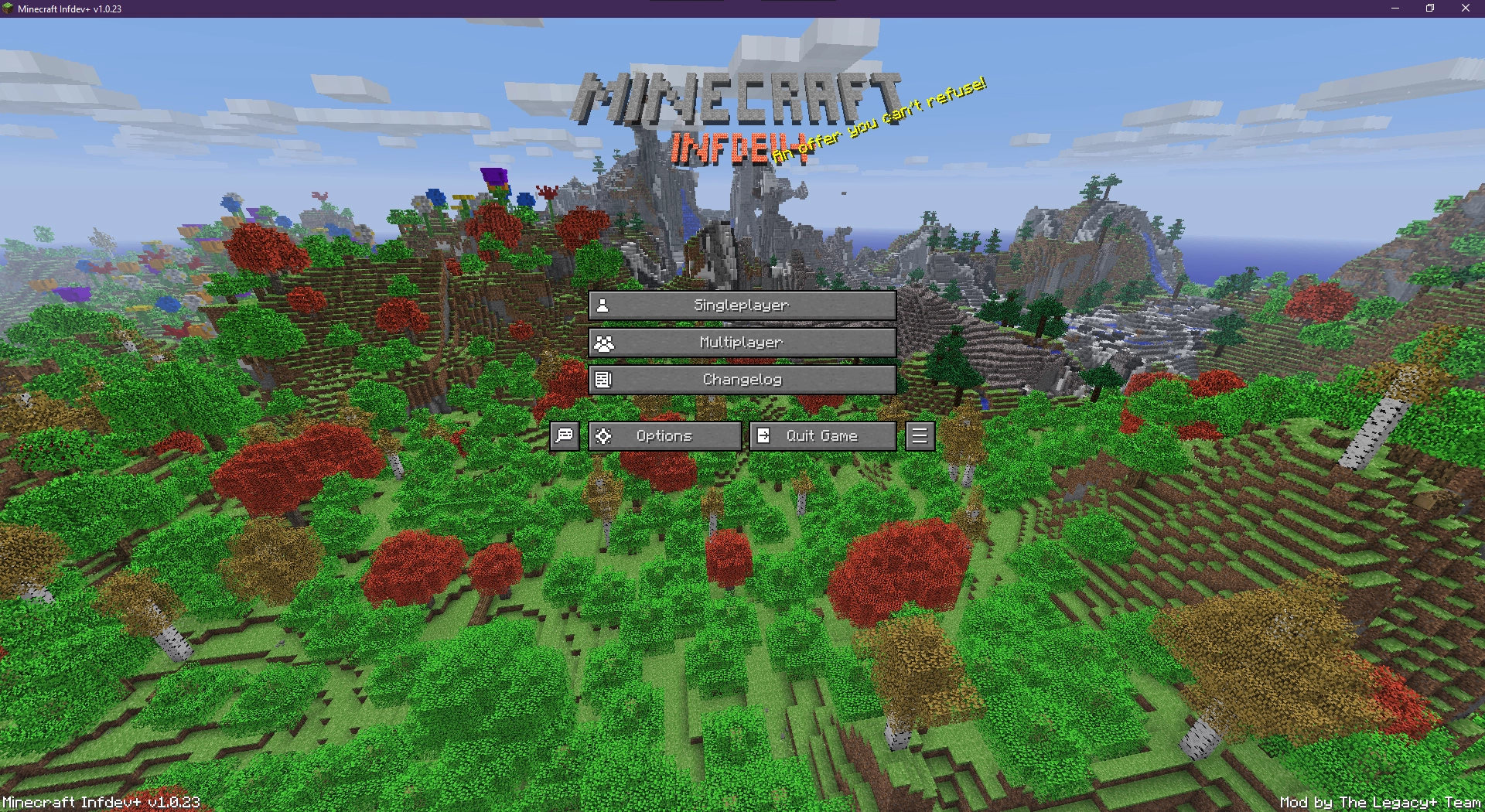 Screenshot of the title screen of the Minecraft mod Infdev Plus