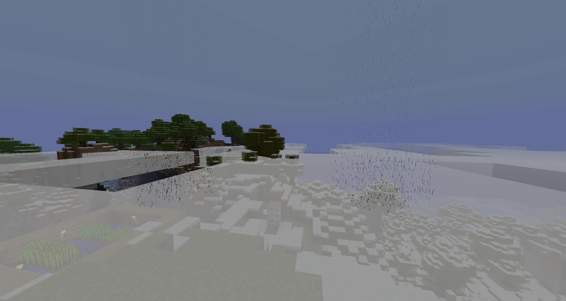 A Minecraft screenshot of a rainy day. The rain seems to only be falling in two localized areas - one on the left and one on the right.